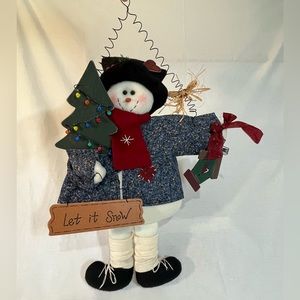 Cute plush fabric wall hang snowman with hat holding wooden tree & birdhouse.